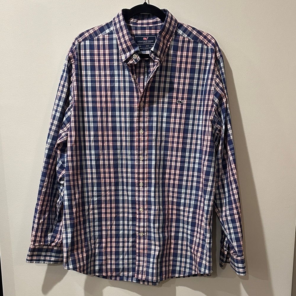 Vineyard Vines Navy and Red Check Shirt-Preppy, Classic, Work, Office, Casual